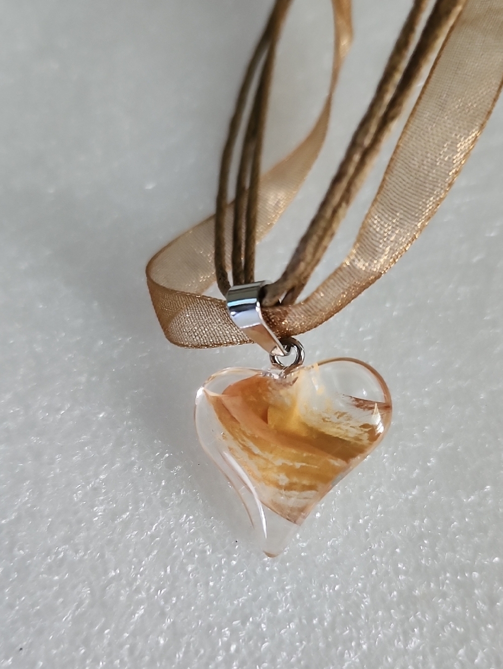 Hand Crafted Amber and Cream Glass Heart Necklace